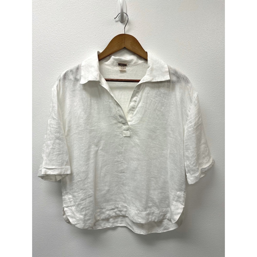Magaschoni Collared V-Neck Linen Blouse White XS